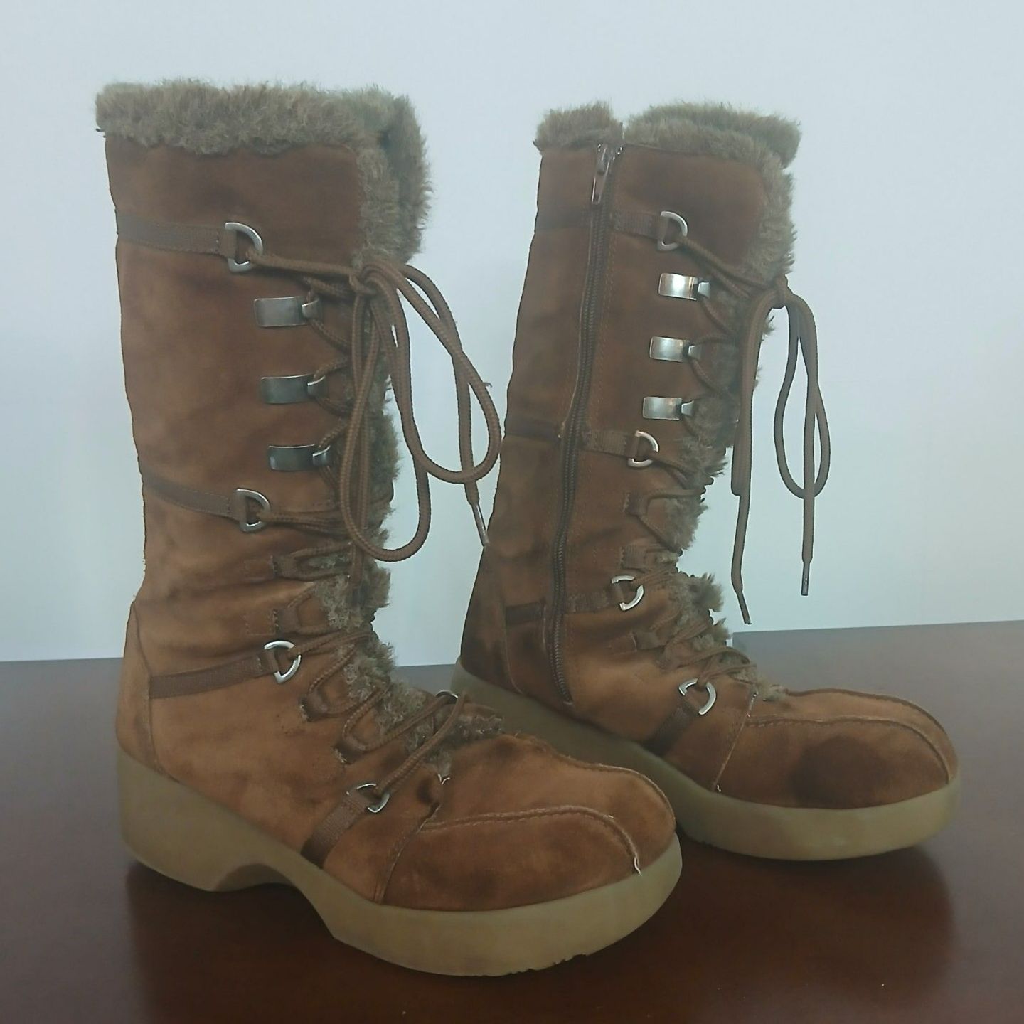 Report Sleigh Platform Suede Fur Lined Boots Size 9 Y2k Boho Moto Vintage